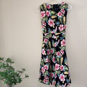 NWOT Boo Boo Black Floral Hawaiian Sleeveless Dress, Size XL Flare w/ Bow Tie